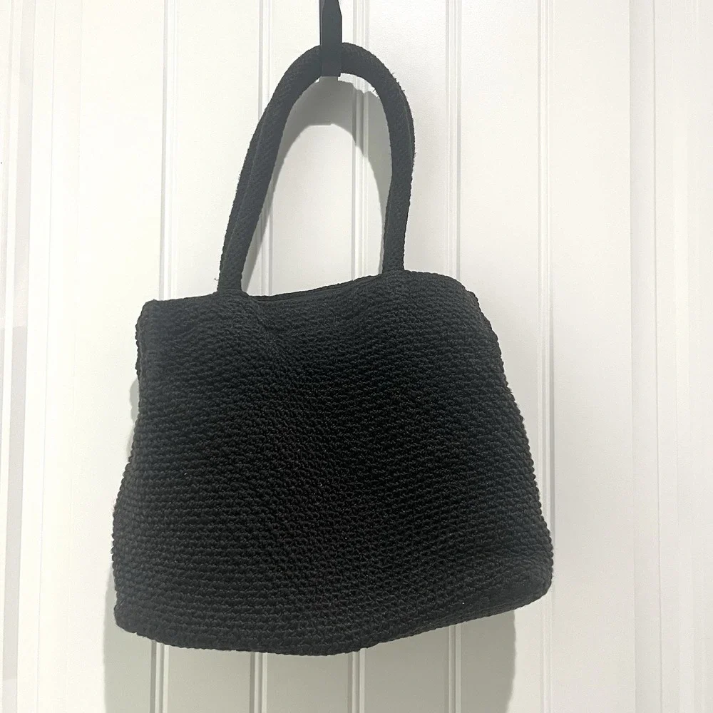The Sak Purse‎ Hobo Crochet Woven Shoulder Bag Black Double Strap Zip Logo FOB